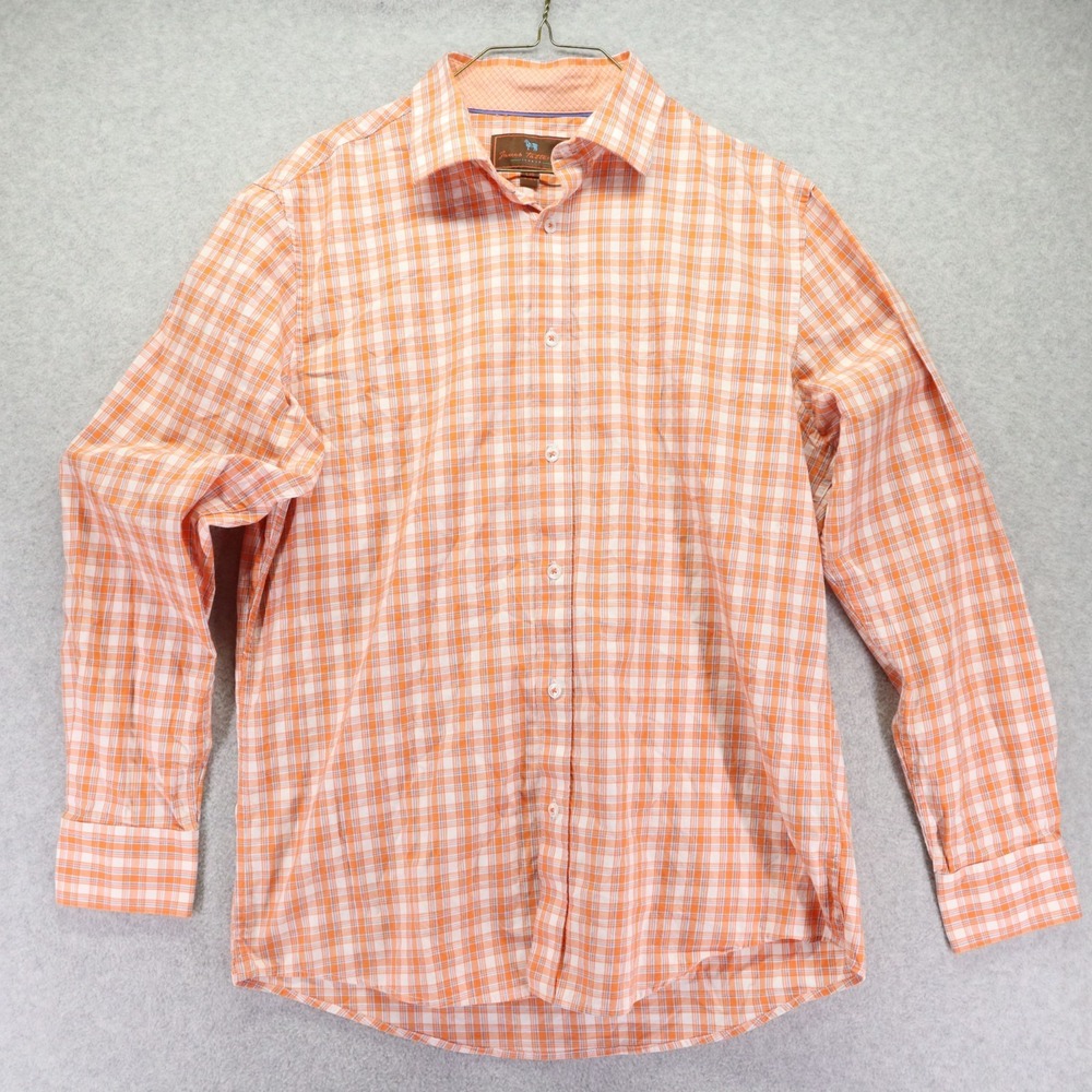 James Tattersall Shirt Mens Large 16-16.5 Button Up Orange Plaid‎ Long Sleeve